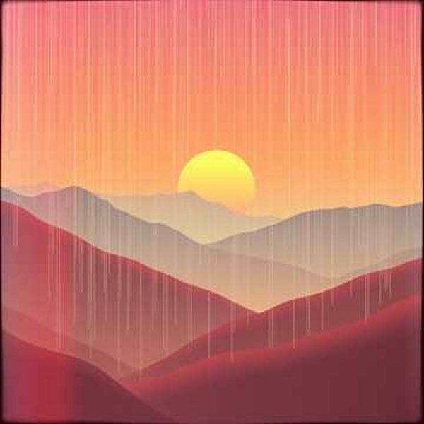 Simplified landscape with a sun and mountains in a stylized art form.