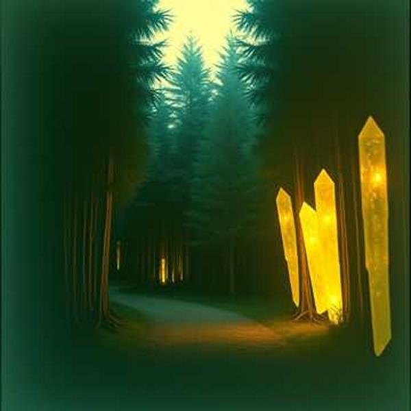 Futuristic forest with glowing yellow crystals and trees