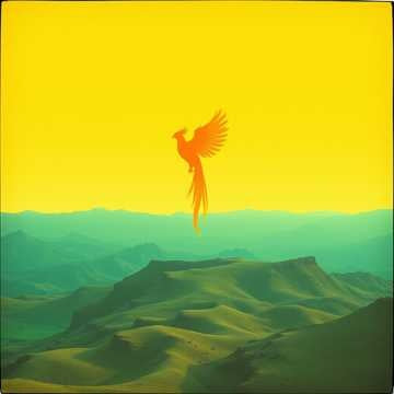 Phoenix bird rising from flames against a yellow sky with green landscape below