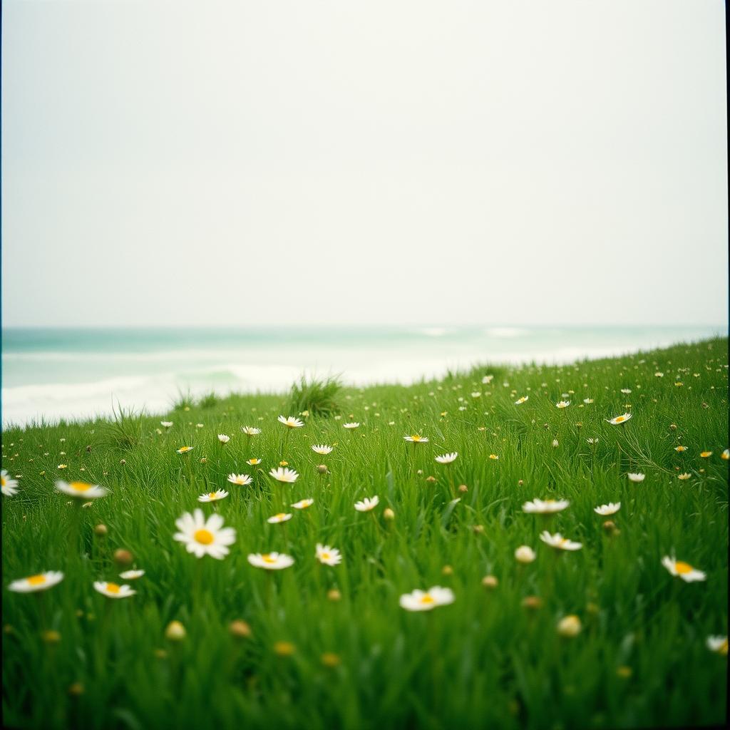 Green field with white flowers and a blurred background